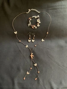 Brighton Set Lariat Kordel Halskette Armband Ohrringe Kupfer Vogel Silber Schmetterling - Bild 1 von 10