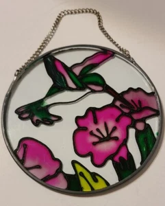 Vintage Translucent SunCatcher Window Hanger Hummingbird Flower Scene with Chain - Picture 1 of 10