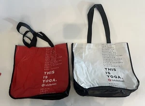 2 Lululemon Red & White Reusable Shopping Gym Tote Lunch Bag Large This is Yoga - Picture 1 of 3