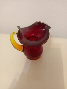 Vintage Mini 3" Tall  Ruby Red Amber Handle Crackle Pitcher Creamer Collectible - Picture 1 of 7