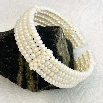 "Brazalete de perlas genuinas de colección 4 hilos puño semilla perla acento alto brillo .5x6.5""" Foto 1 de 4