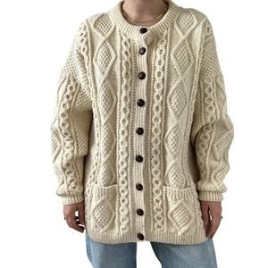 Cardigan pescatore irlandese vintage lavorato a mano Blarney lanifici bianco 100% lana - Foto 1 di 11