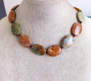 Moss Agate Collar Necklace Flat Beads Large Spring Clasp Bohemian Jewellery - Picture 1 of 6