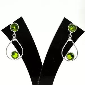 Green Peridot Gemstone 925 Sterling Silver Jewelry Stud Earring Size 1.3" - Picture 1 of 1