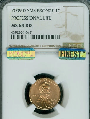 2009 D PROFESSIONAL LINCOLN CENT NGC MS69 RED SMS MAC FINEST MAC SPOTLESS . - Image 1 of 2