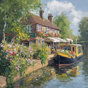 Canal Boat by The Flower Pub oli arte lusso tela quadro parete stampa colorato - Foto 1 di 1
