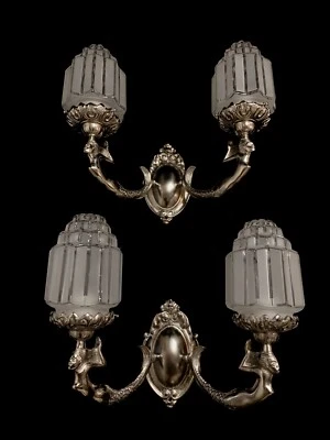 посеребренная пара бронзовых настенных светильников в стиле ар-деко со СКУЛЬПТУРАМИ РУСАЛОК ручной работы - Изображение 1 из 4