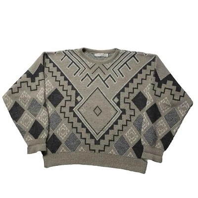 Vintage 80s Geometric Knit Sweater Men’s Large Beige Black Art Pullover USA Made - Image 1 of 4