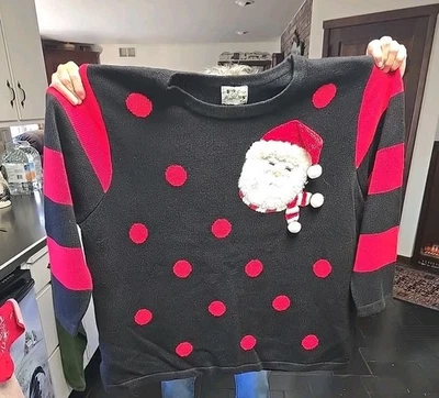Vintage Quacker Factory Black Red Polka Dot Santa Ugly Xmas Sweater 3x - Image 1 of 4