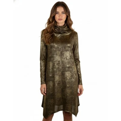 Fever 女式金色金属高领长袖 A 字连衣裙 L 码假日 — 第 1/4 张图片
