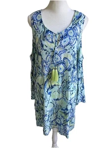 Lilly Pulitzer Cold Shoulder Dress Sz Small Tasseled Airy Blue Green EUC - Picture 1 of 17
