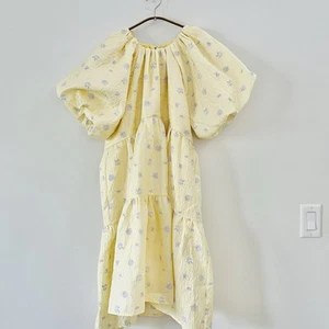English Factory Yellow Jacquard Floral Dress Puff Sleeves Size Large - Picture 1 of 13