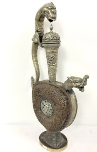 Antique Silver Copper Jug Pitcher Aftabeh Dragoon Islamic Oriental Floral 19th