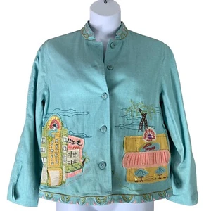 Ruby Rd Jacket Size 10 Linen Blend Button Front Blue Beaded Embroidered - Picture 1 of 6