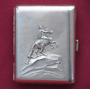 Antiguo estuche de cigarrillos de níquel URSS jinete estatua Pedro el Grande/San Petersburgo - Imagen 1 de 5