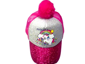 Unicorn Rainbow Pom Ball Birthday Girl Snapback Glittered Baseball Cap/Hat - Picture 1 of 10