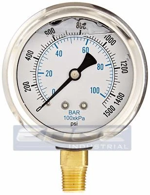 LIQUID FILLED PRESSURE GAUGE 0-1,500 PSI 2.5" FACE, 1/4" NPT LOWER MOUNT - Image 1 of 4