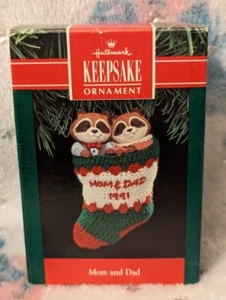 1991 Hallmark Keepsake Ornament Mom & Dad Raccoons in Christmas Stocking - Picture 1 of 1