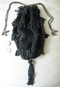 Antique Art Deco Black Beaded Crochet Tiered Fringe Ball Tassel Flapper Purse - Picture 1 of 13