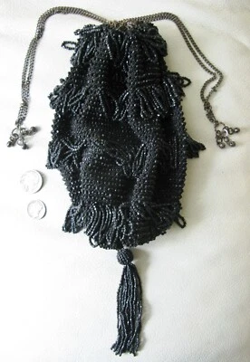 Antique Art Deco Black Beaded Crochet Tiered Fringe Ball Tassel Flapper Purse - Image 1 of 4