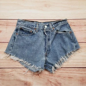 Vintage Levis 501 Shorts Damen 27 blau Denim hoher Bund Cutoff ausgefranst 2000er Y2K - Bild 1 von 11