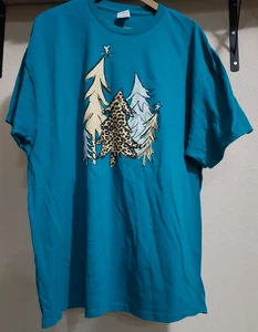 Damen Leopard Weihnachtsbäume T-Shirt 2XL türkis Baumwolle Kurzarm kitschig - Bild 1 von 7