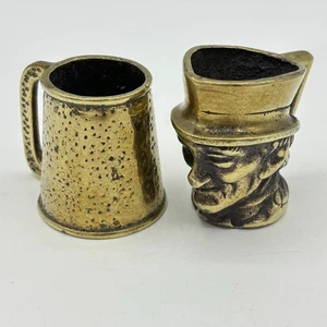 Pair Vintage Miniature Brass Heavy Toby Jugs John Peel (face) & Plain Beer Mug - Picture 1 of 15