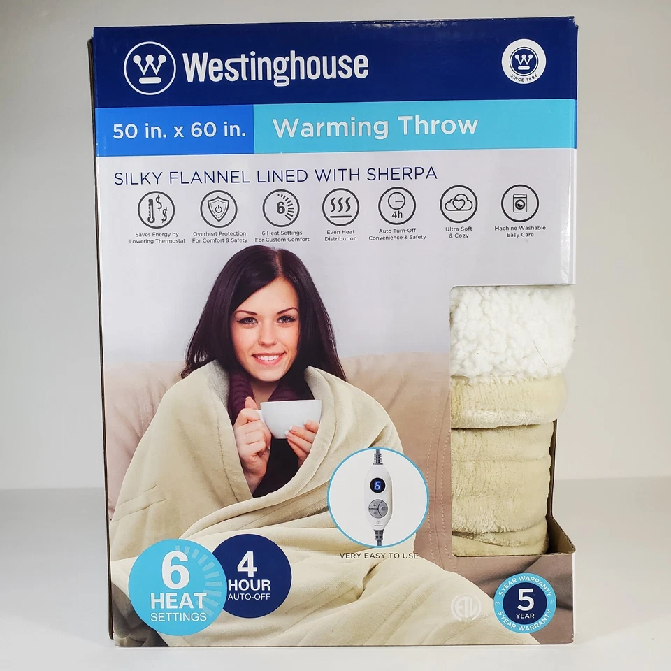 Westinghouse Warming Throw Blanket 50 Flannel Lined with Sherpa Tan