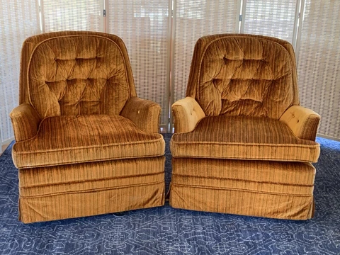 Swivel Rocker Lounge Chairs Crushed Velvet Orange Vintage 1970s Fabulous Pair Cover