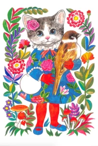 Postal japonesa: gato sonriente elegantemente vestido con pájaro y cartera - Higuchi Yuko - Imagen 1 de 3