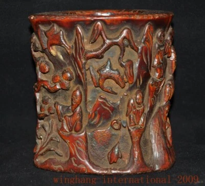 4.4"China old amber carved Pine tree Character pattern brush pot pencil vase - Image 1 of 4