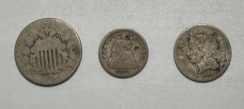 1866 3CN, 1857 1/2 Dime & 1867 Shield 5C (#16600) lower grade with problems Cover