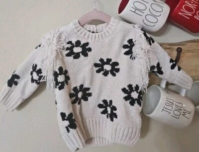 Toddler Winter Ruffle Sweater Size 12 Months White Black Flowers - Image 1 of 3