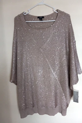 Top tejido Alfani talla grande cuello redondo manga dolman lentejuelas 2X, suave topo NUEVO Foto 1 de 4
