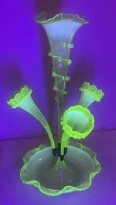 Antique Victorian Vaseline Uranium Glass 20” Epergne Three Fluted Vase - Picture 1 of 7