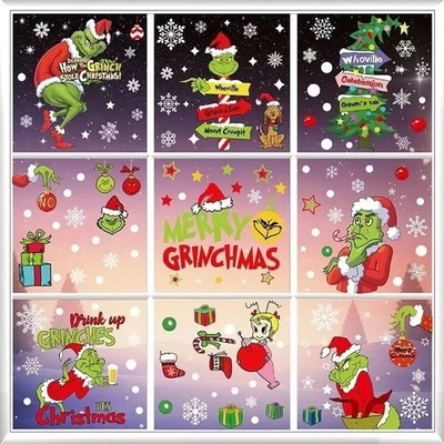 Grinch Christmas Window Stickers 9 Sheets Merry Christmas Window Clings Stickers - Image 1 of 4
