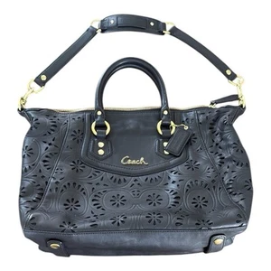 Coach Black Leather Laser-Cut Floral Two Way Shoulder Bag - Picture 1 of 9