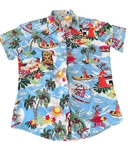 SSLR Women’s Hawaiian Button Up Shirt Tiki Christmas Santa Reindeer Small - Picture 1 of 9
