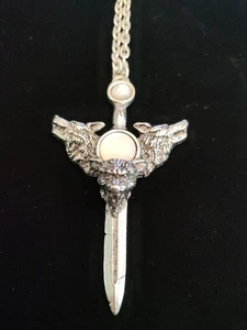 Alchemy Gothic Moonstone Wolf Heads Dagger Pendant Necklace Pewter 98' - Picture 1 of 4