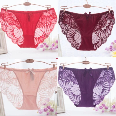 Paquete de 4 Sexy Mujer Hielo Sedoso Bragas Calzoncillos Encaje Transparente Ropa Interior Lencería Foto 1 de 4