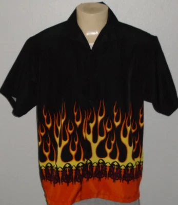 Rockabilly Flaming Tribal Retro Black Short Sleeve Button-Front Shirt Men Large - Image 1 of 4