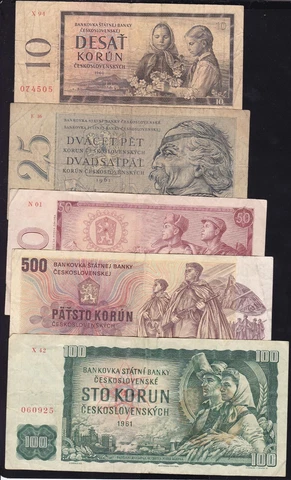 CZECHOSLOVAKIA -- LOT -- 10, 25, 50, 100 AND 500 KORUN 1960 - 1973-- VG/F Cover