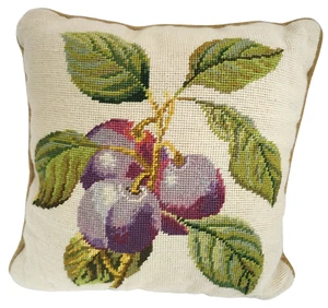 Wool Needlepoint Tapestry Pillow Plum Branch VTG Velvet Back *SPOT Hand Finished - Picture 1 of 14