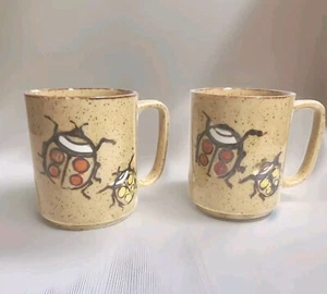 Tazas de café de gres tazas mediados de siglo modernas dama insectos escarabajos Japón vintage - Imagen 1 de 6