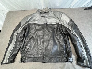 VTG LEATHER KING Men's Black /Gray Heavy Leather Motorcycle Biker Jacket 52" - Picture 1 of 15
