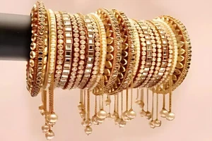 Bollywood Indian Gold Plated Fashion Bracelet Bangles Kundan Chuda Jewelry Set - Picture 1 of 5