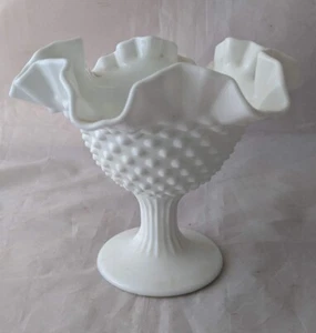 Vintage Fenton White Hobnail Milk Glass Pedestal Crimped Ruffle Candy Dish 5.5" - Picture 1 of 7
