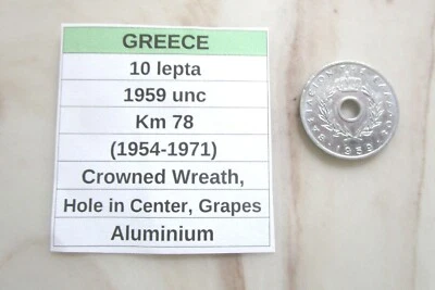 GREECE, 10 Lepta, 1959 unc, Km 78 (1954-1971), Hole in Center - Image 1 of 3