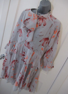 Vintage TopShop pale grey floral chiffon pussy bow tiered tea tunic Dress Sz 16
