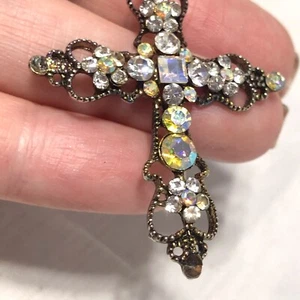 Vintage Rhinestone Floral Silver Tone Cross Pendant 2.25" with Pink Pouch 1960s - Picture 1 of 12